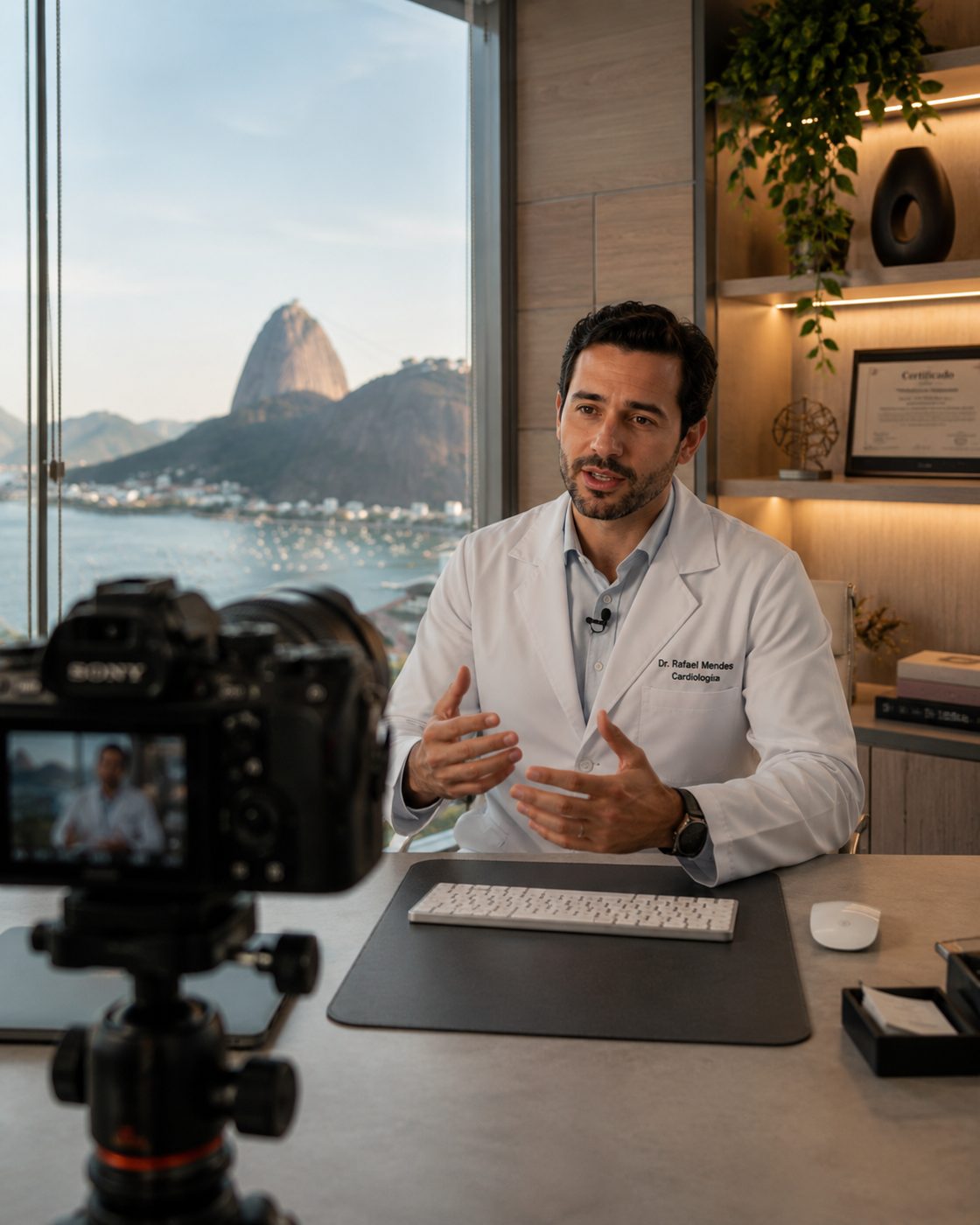 Profissional da saúde em gravação de conteúdo